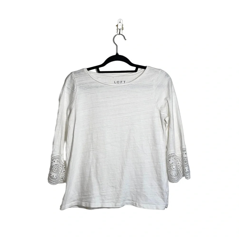 LOFT 100% Cotton White Crochet Sleeve Semi-sheer Top Large Petite Women’s